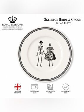 Royal Stafford Skeleton Bride & Groom Halloween Salad Plate Gothic England 8.5”